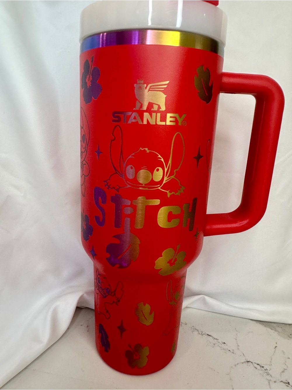 Stitch Stanley 40oz Tumbler Ohana Means Family Red Iridescent Cup NWT
